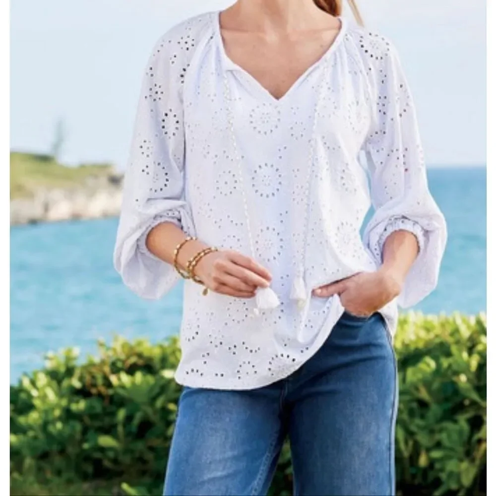 Soft Surroundings $89 Rhiannon Eyelet Peasant Top White PXL NWOT - Picture 1 of 8